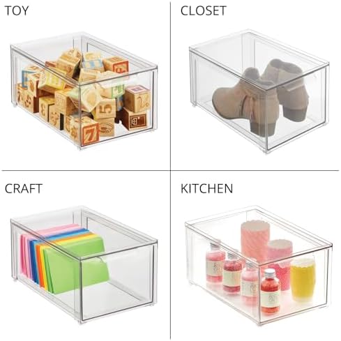 mDesign Plastic Stackable Bathroom Storage with Pull Out Bin Organizer Drawer for Cabinet, Vanity, Shelf, Cupboard, Cabinet, or Closet Organization - Lumiere Collection - 4 Pack - Clear