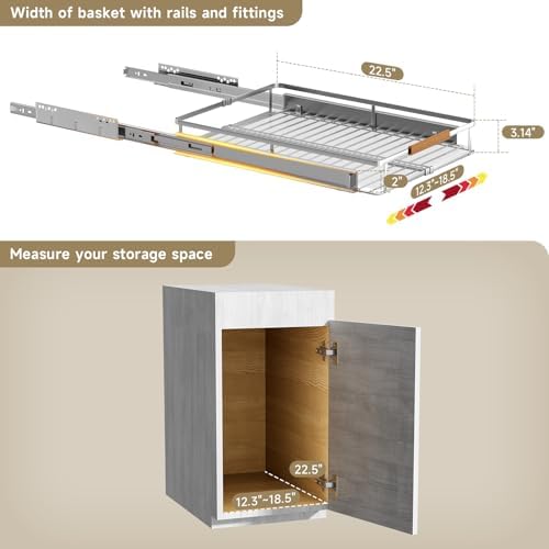 12.3~18.5"x22.5" Pull Out Cabinet Organizer，2Pack Expandable Sliding Cabinet Shelves，Side Mounting