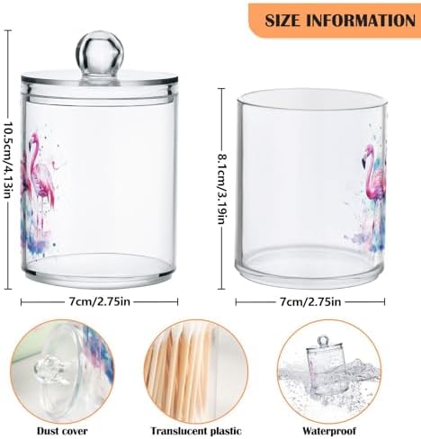 Fustylead 2 Pack Watercolor Pink Flamingos Qtip Holder Dispensers, Bathroom Storage Canister Plastic Apothecary Jar Set for Cotton Swabs, Ball, Pads, Floss