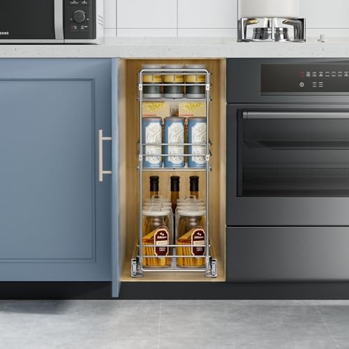 ROOMTEC 3-Tier Pull Out Cabinet Organizer for Narrow Cabinet (8.5" W X 20.5" D), Kitchen Cabinet Organizer and Storage Cabinet Pull Out Shelves Under Cabinet Storage for Kitchen, Chrome