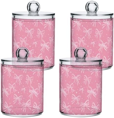 Pink Bows Qtip Holder Apothecary Jars Bathroom Storage Floss Makeup Organizer for Cotton Ball Swab Acrylic 2 Packs