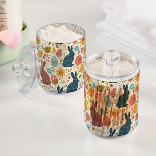 4 Pack Clear Plastic Jars Easter Rabbits and Flowers Apothecary Jars Bathroom Containers for Cotton Ball, Cotton Swab, Cotton Round Pads, Floss 10 Oz