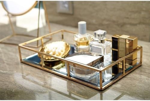 PuTwo Tray Mirror Gold Dresser Ornate Metal Decorative Jewelry Organizer