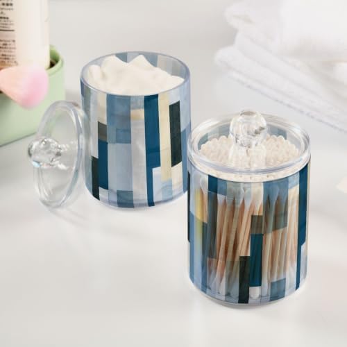 Fustylead 2 Pack Blue Stripe Qtip Holder Dispensers, Bathroom Storage Canister Plastic Apothecary Jar Set for Cotton Swabs, Ball, Pads, Floss