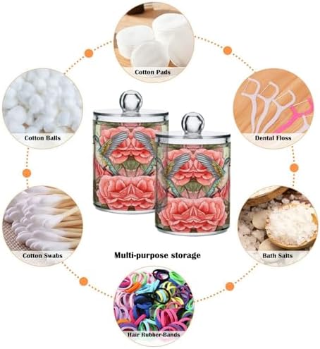 MNSRUU 4 Pack Qtip Holder Organizer Dispenser Flowers and Hummingbirds Pink Bathroom Storage Canister Cotton Ball Holder Bathroom Containers for Cotton Swabs/Pads/Floss