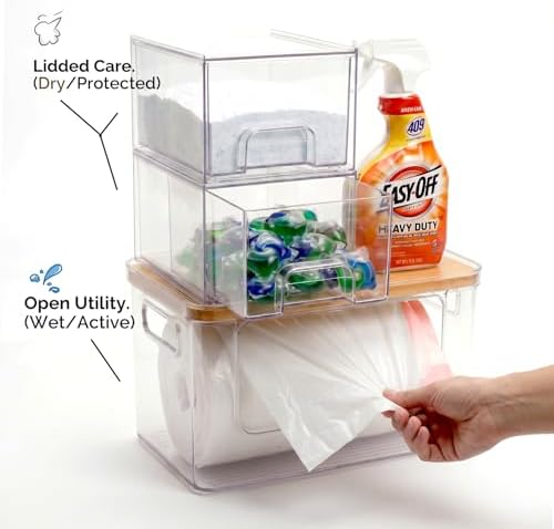 Hudgan Under Sink Organizer 3 in 1, Stackable Acrylic Bathroom Storage, Trash Bag Dispenser and Dishwasher Pods Holder for Kitchen and Laundry Room Organization