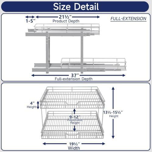 2-Tier Pull Out Cabinet Organizer, 19.5" W x 21.5" D, Heavy Duty Dual Slide Out Shelves for Base Cabinets, Chrome Wire Basket Drawer for Pantry, Kitchen & Bathroom Storage