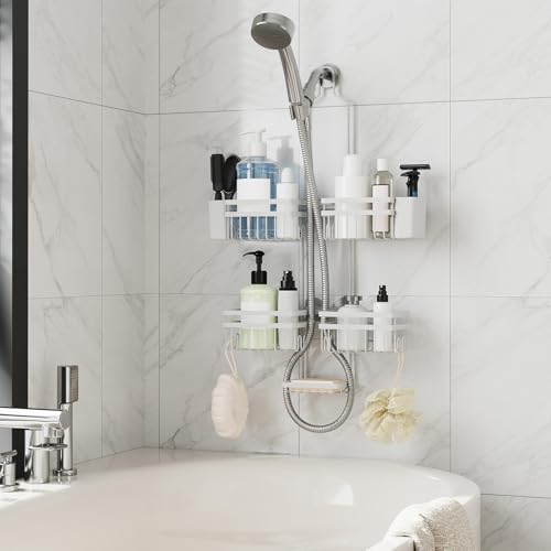 Shower Caddy Hanging for Bathroom Organizers and Storage - 3-Tier Adjustable Anti-Swing Shower Organizer Hanging with Heavy-Duty Suction Cups, Damage-Free Rustproof (White)