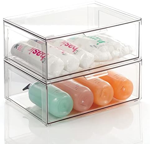 mDesign Plastic Stackable Bathroom Storage Organizer Bin Containers with Front Pull Drawer for Bathroom Countertop, Vanity, Closet Shelves - Holder for Accessories - Lumiere Collection, 2 Pack, Clear