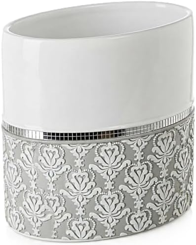 Mirror Damask White & Gray Small Oval Bathroom Trash Can 1.6 Gal / 6L