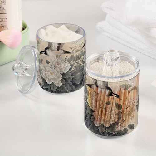 MNSRUU 4 Pack Qtip Holder Organizer Dispenser Retro Ink Peony Wild Goose Bathroom Storage Canister Cotton Ball Holder Bathroom Containers for Cotton Swabs/Pads/Floss