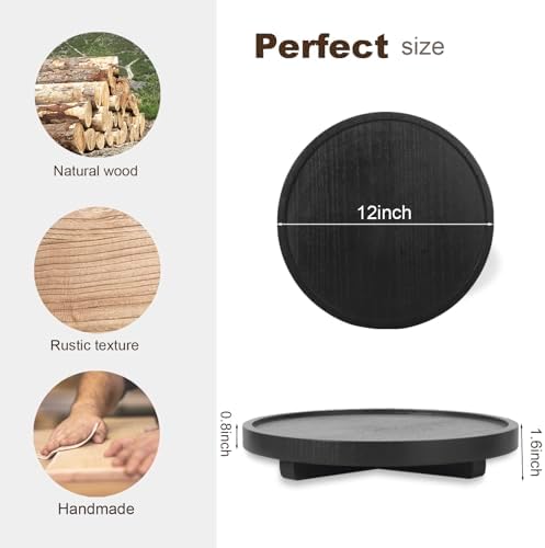 Round Decorative Tray Wood Bathroom Counter Organizer Farmhouse Kitchen Decor Wooden Riser for Soap Dish, Perfume, Candle, Sponge, 12" - Black