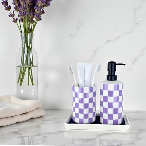 Bathroom Toothbrush Holder Set, Ceramic Soap Dispenser and Tooth Brush Holder Set, Bathroom Accessories Sets Countertop, Lavender Purple Checkered Bathroom Home Decor