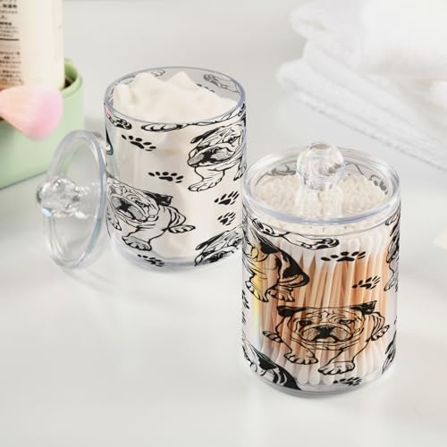 senya Clear Plastic Jars Cotton Swabs Cans, Bulldog Dog Paw Print Bathroom Canisters Storage Organizer with Lids 2PCs Set for Cotton Ball, Cotton Swab, flossers, Hair Bands