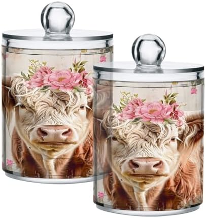 ALAZA 2 Pack Qtip Holder Highland Cow Pink Flower, Cotton Swab Dispenser with Lid Bathroom Containers Canister Organizer Storage Jar