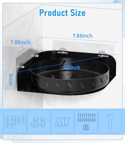 360 Rotating Shower Caddy Shelf With 6 Hooks, 2PACK Bathroom Organizer With 5Pcs Adhesive, Stainless Steel Corner Racks for Home Apartment Decor (Black)