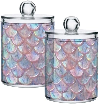 senya Plastic Canisters Storage Organizer with Lids, Pastel Sheer Mermaid Scales, 2PCs Set for Cotton Ball, Cotton Swab, Flossers, Hair Bands