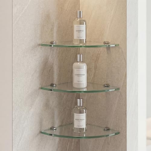 Kingrol 3 Pack Drill-Mounted Glass Corner Shower Shelves, 9-3/8 Inch