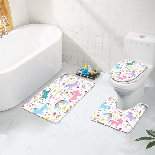 Unicorn Bathroom Set Colorful Pink 4 Pcs Shower Curtain Sets with Non-Slip Rugs Toilet Lid Cover and Bath Mat Set, Girls Ttoddler Bathroom Decor with 12 Hooks