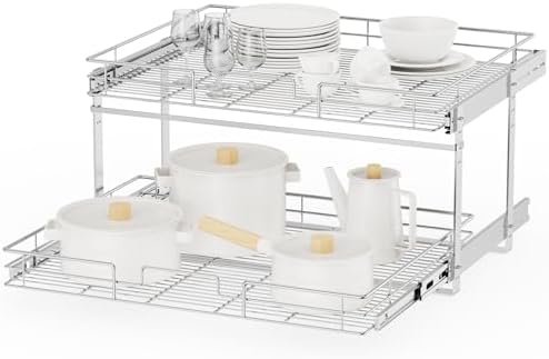 ROOMTEC Individual Pull Out Cabinet Organizer (27" W x 21½" D), 2 Tier Spice Rack Organizer for Cabinet, Slide Out Drawer Pantry Shelf Organization and Storage for Kitchen Bathroom