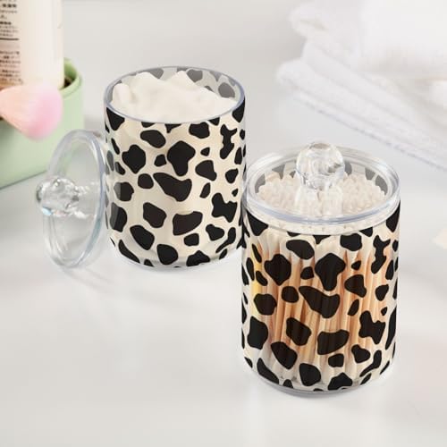 2 Pack Qtip Holder Organizer Dispenser Black Cow Skin Print Bathroom Storage Canister Cotton Ball Holder Container for Cotton Pads/Swabs/Floss