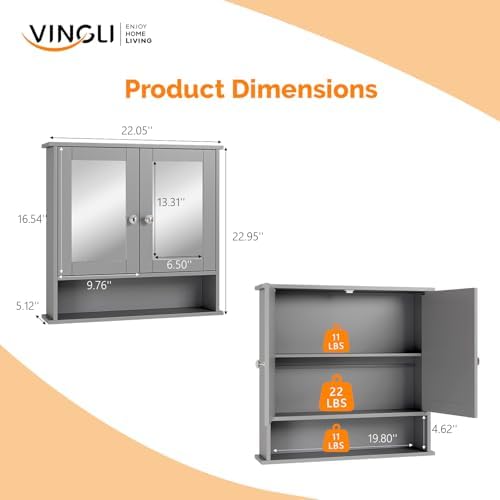 VINGLI Medicine Cabinet with Mirror, Grey Wall Mounted Bathroom Cabinet with Open Shelf, 2-Door Hanging Storage Organizer Over Toilet, Adjustable Shelves for Vanity, Entryway, 22x23 Inch