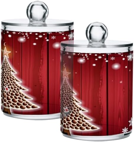 Gredecor Christmas Winter Qtip Holder Dispenser 2 Pack Christmas Tree Red Snowflakes Bathroom Decorative Storage Canister Holder Counter Vanity Organizer for Cotton Ball Swabs Pads Floss