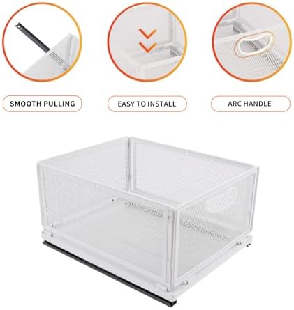 Sliding Cabinet Basket Organizer Drawer Self Adhesive Slide out Pantry Shelves Heavy Duty Carbon Steel Slide Cabinet Storage Basket with Handle for Bathroom Kitchen Home