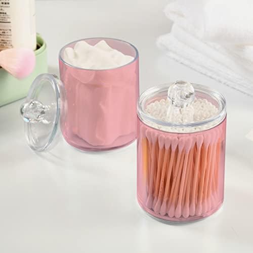 SHJI Pink Qtip Holder Organizer Dispenser Cotton Swabs Cans Plastic Jars with Lid Set 4 Pack Bathroom Storage Canister for Cotton Ball Floss Cotton Pads
