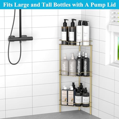 HuggieGems Metal Floor Standing Corner Shower Caddy, Gold, 3 Tier