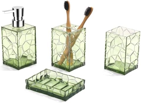 GAHEFY Green Bathroom Accessories Set with Toothbrush Holder, Soap Dispenser, Tumbler, Soap Dish, Sage Green Bathroom Decor, Acrylic (Green-4pcs)