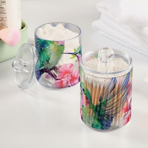 Hummingbirds Qtip Holder 2 Pack - 10 Oz Clear Plastic Apothecary Jar Set for Bathroom Organization - Versatile Canister Storage for Cotton Balls, Swabs, Rounds