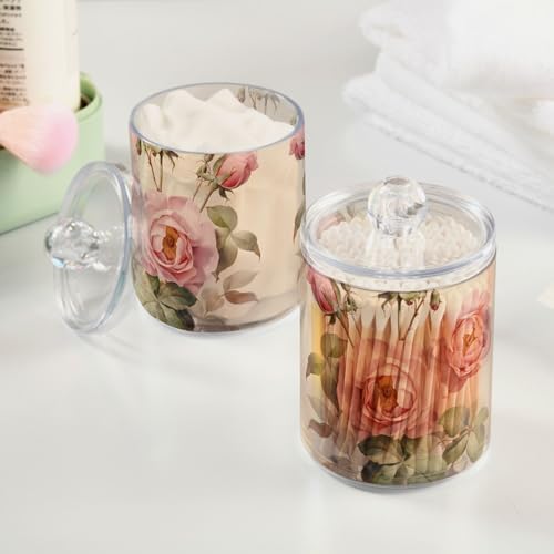 MNSRUU 4 Pack Qtip Holder Organizer Dispenser Floral Rose Pink Bathroom Storage Canister Cotton Ball Holder Bathroom Containers for Cotton Swabs/Pads/Floss