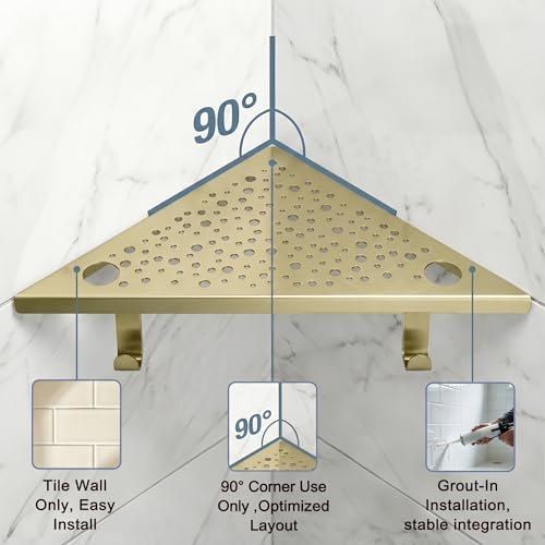 HIDROP Brushed Gold Corner Shower Shelf with Hooks and Razor Holes, 2 Pack