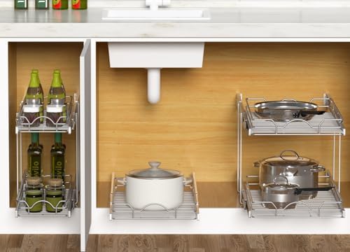 OCG Pull Out Cabinet Organizer 2 Pack (12" W x 21" D), Pull out Shelves 1 Tier, Cabinet Slide Out Shelves for Base Cabinet Organization in Kitchen Bathroom Pantry, Bottom Mount, Chrome Finish