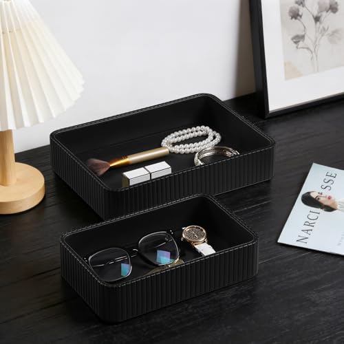 Desk Organizer Tray, PU Leather Nightstand Organizer, Black 2-Pack