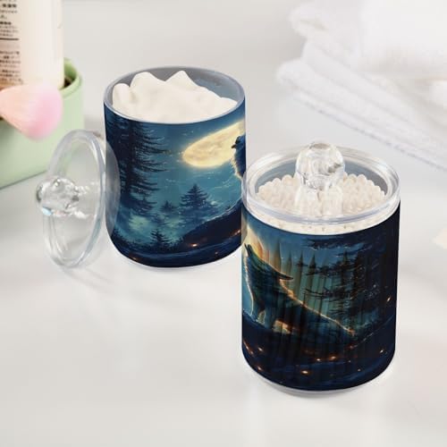 ALAZA Wolf Animal Moon Tree 2 Pack Qtip Holder Dispenser for Cotton Swabs, Balls, Pads, Floss 10 oz Plastic Canister Organizer