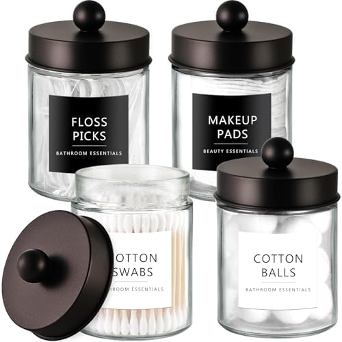 Amolliar Glass Apothecary Jars Qtip Holder w/Plastic Lids, Bronze 4pc