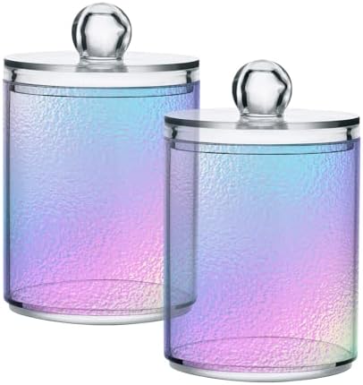 2 PACK Hologram Iridescent Foil Effect Qtip Holder Dispenser for Cotton Swab, Cotton Round Pads, Floss Picks - Plastic Apothecary Jar Set for Bathroom Canister Storage Organization