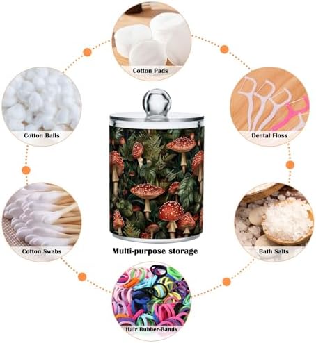 Retro Mushrooms and Leaves Clear Plastic Jars Set of 2, Apothecary Jars with Lids Bathroom Counter Organizer for Cotton Pads, Cotton Ball, Cotton Swabs, Floss Picks 10 Oz