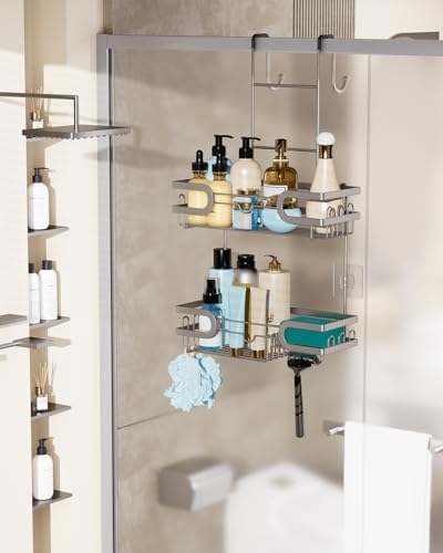 HapiRm Shower Caddy over Door- Hanging Shower Organizer with 14 Hooks and Soap Holder, Rustproof & Waterproof Stainless Steel Bathroom Shelf - Brushed Nickel
