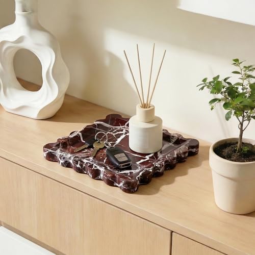 Scalloped Square Marble Decorative Tray, Natural Stone Vanity & Jewelry Tray, Trinket Organizer for Ring, Key, Dresser, Nightstand, Bathroom Counter & Kitchen Sink(Rosso Lepanto)