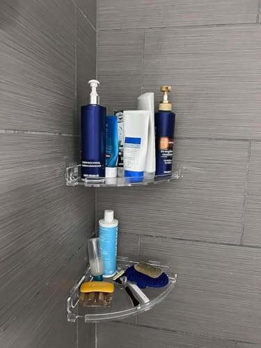 JiePai Acrylic Corner Shower Caddy Shelf with Hooks 4 Pack, Adhesive Wall Mounted Bathroom Shower Organizer for Inside Shower & Kitchen Storage, Space-Saving Design