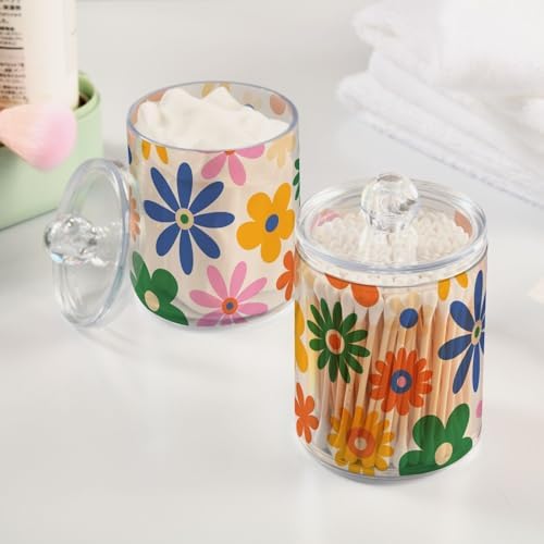 Fustylead 4 Pack Groovy Vibrant Bohemian Colorful Daisy Flowers Qtip Holder Dispensers, Bathroom Storage Canister Plastic Apothecary Jar Set for Cotton Swabs, Ball, Pads, Floss
