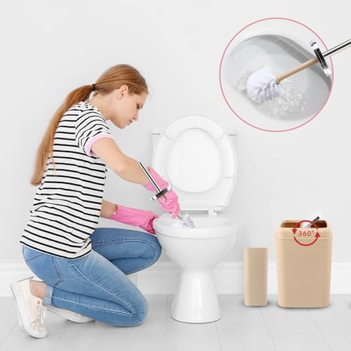 XLHOMO Beige Bathroom Set, Plastic 9-Piece Bathroom Set with Trash Can, Soap Dispenser, Toothbrush Holder, Toothbrush Cup, Soap Dish, Toilet Brush, Tray and Q-tip Holders for Bathroom/Housewarming