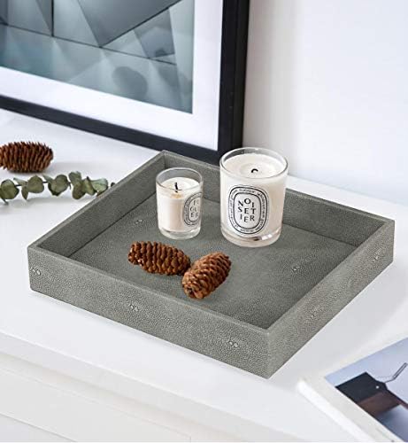 HofferRuffer Decorative Desktop Organizer Tray, Bathroom Vanity Tray, Storage Jewelry Perfume Dresser Tray, Catchall Tray for Change Coin Key, 10.2 x 8.4 x 1.8 inches (Dark Grey Faux Leather Shagreen)
