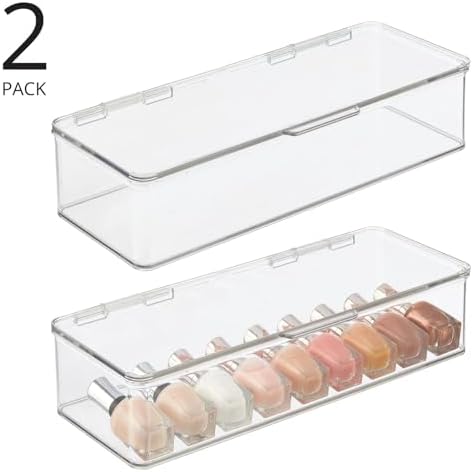 mDesign Makeup Storage Stackable Organizer Box for Bathroom Vanity, Countertops, Drawers - Holds Blenders, Eyeshadow Palettes, Lipstick, Lip Gloss, Makeup Brushes - Hinged Lid - 2 Pack - Clear