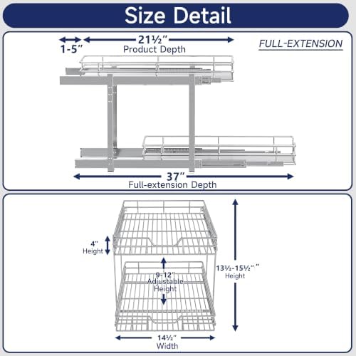 2-Tier Pull Out Cabinet Organizer, 14.5" W x 21.5" D, Heavy Duty Dual Slide Out Shelves for Base Cabinets, Chrome Wire Basket Drawer for Pantry, Kitchen & Bathroom Storage