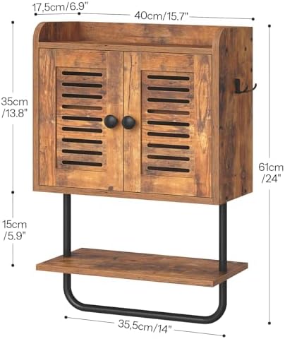 HOOBRO Bathroom Wall Cabinet, Double Doors Medicine Cabinet with Towel Bar, Adjustable Shelf, 2 Hooks, Over The Toilet Storage Cabinet, for Bedroom, Kitchen, Rustic Brown BF46CW01