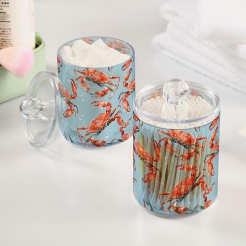 4 Pack Red Crabs on Blue Clear Plastic Jars 10 Oz Apothecary Jars Bathroom Canister for Cotton Ball, Swab, Floss, Makeup Sponges, Hair Clip